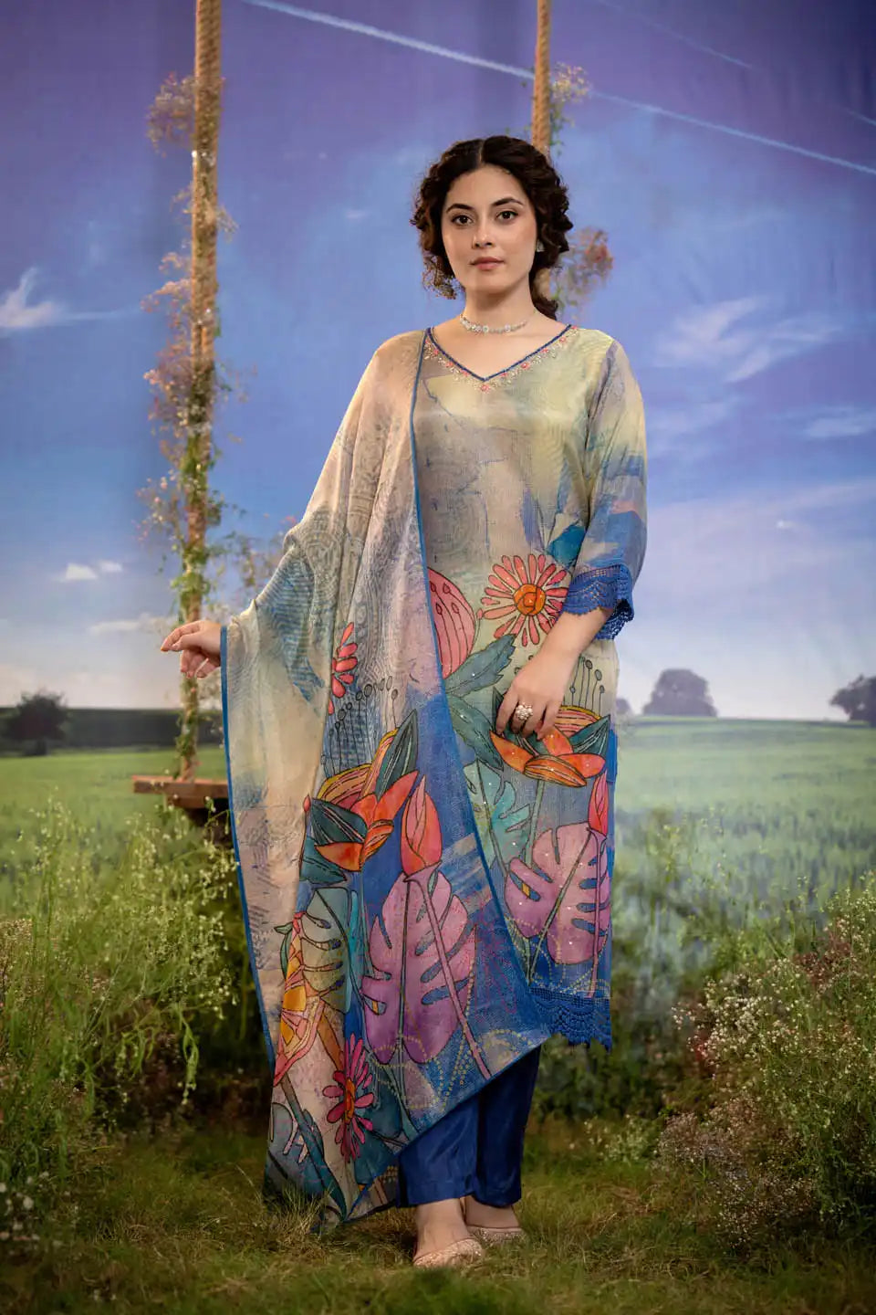 Beige & Multicolor Floral Print Kurta with Blue Straight Pants & Dupatta Set