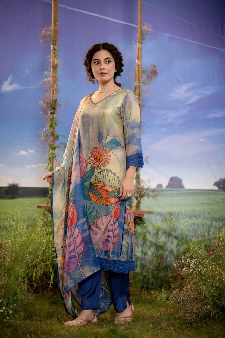 Beige & Multicolor Floral Print Kurta with Blue Straight Pants & Dupatta Set