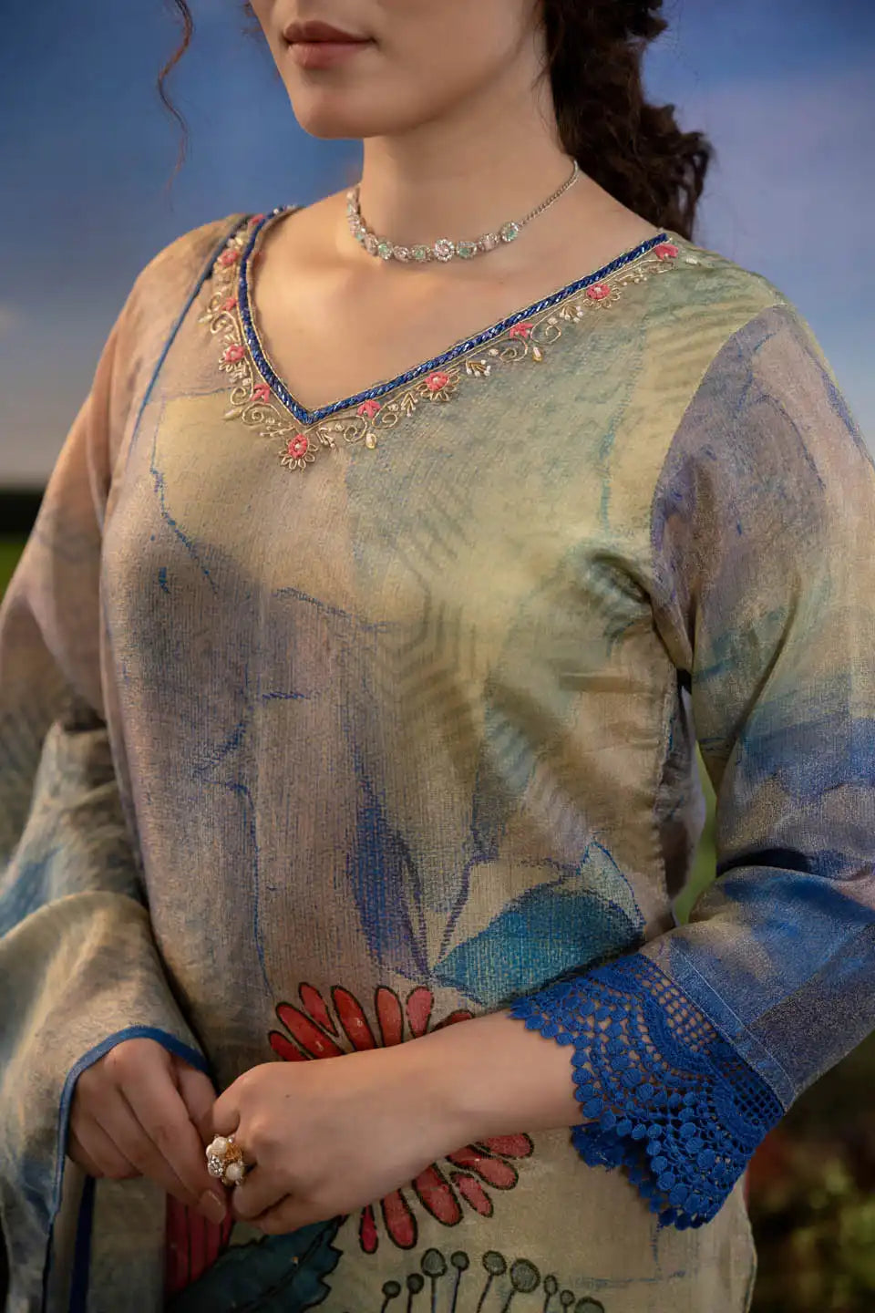 Beige & Multicolor Floral Print Kurta with Blue Straight Pants & Dupatta Set