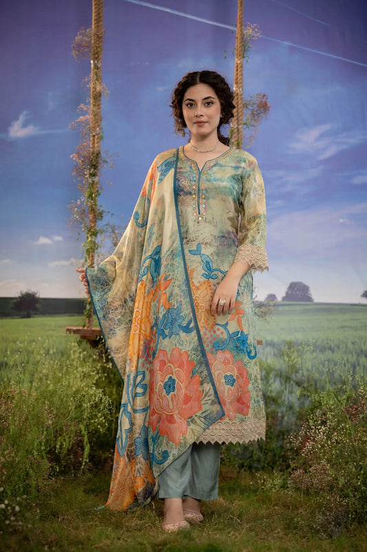 MULTICOLOR FLORAL PRINTED STRAIGHT KURTA WITH LACE DETAILING AND PANTS SET