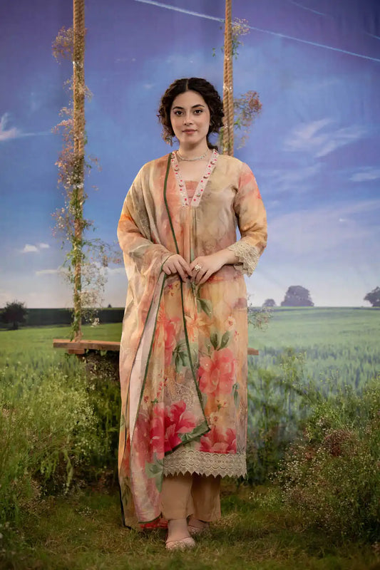 floral printed peach shimmer tissue kurta with straight pants and dupatta