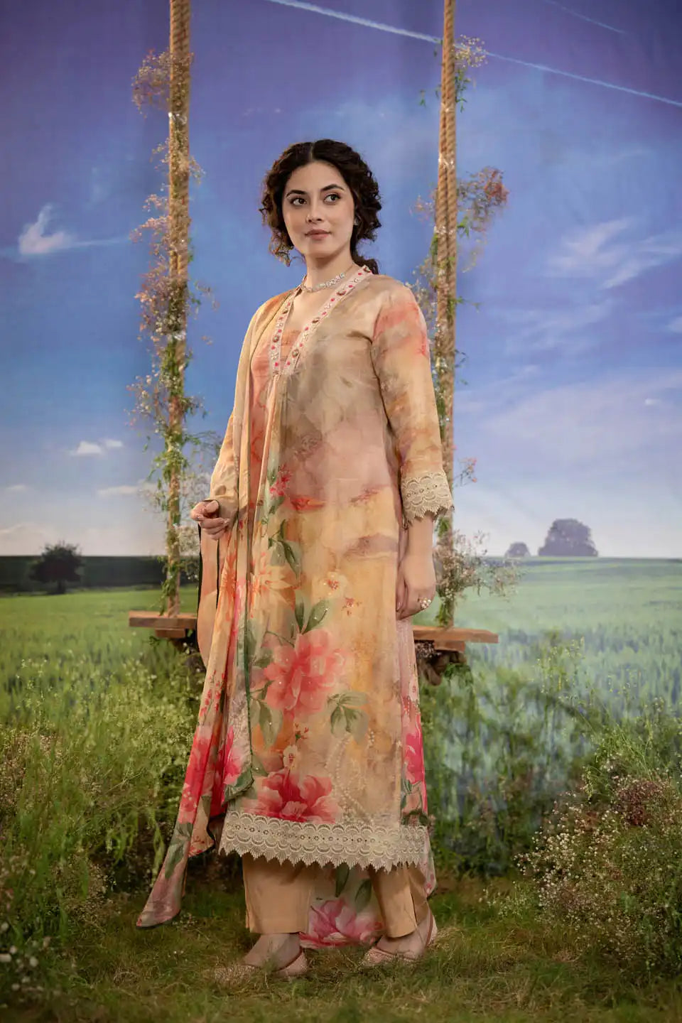 Floral Printed Peach Shimmer Tissue Kurta with Straight Pants and Dupatta