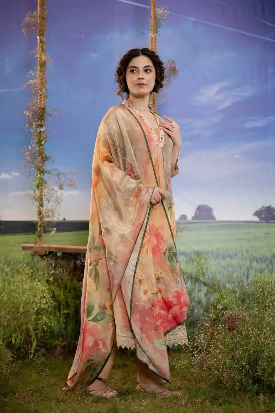 Floral Printed Peach Shimmer Tissue Kurta with Straight Pants and Dupatta