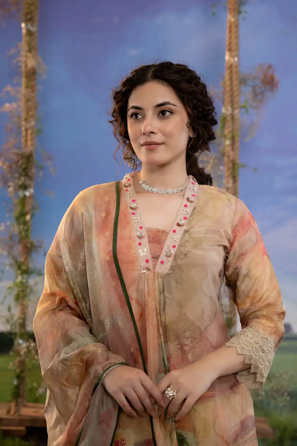 Floral Printed Peach Shimmer Tissue Kurta with Straight Pants and Dupatta