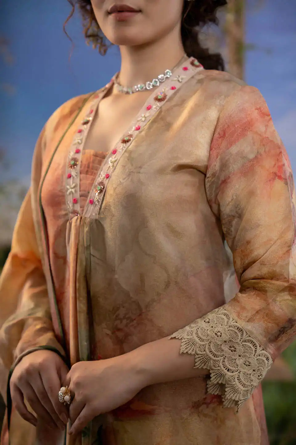 Floral Printed Peach Shimmer Tissue Kurta with Straight Pants and Dupatta