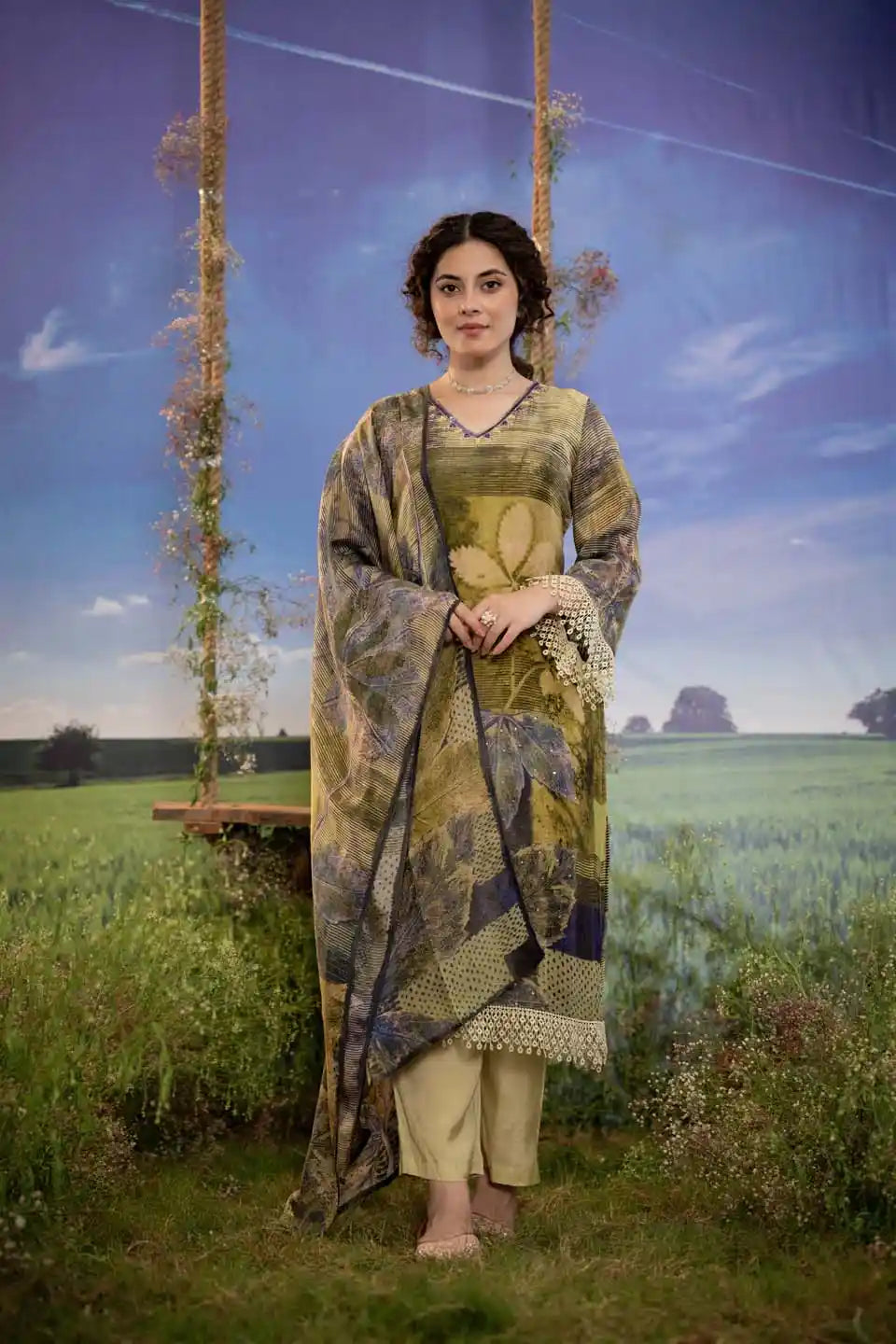 Olive Green Botanical Straight Cut Salwar Kameez with Lace Detailing