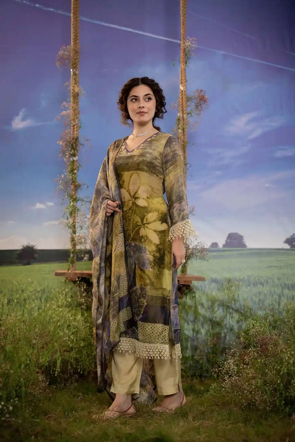 Olive Green Botanical Straight Cut Salwar Kameez with Lace Detailing