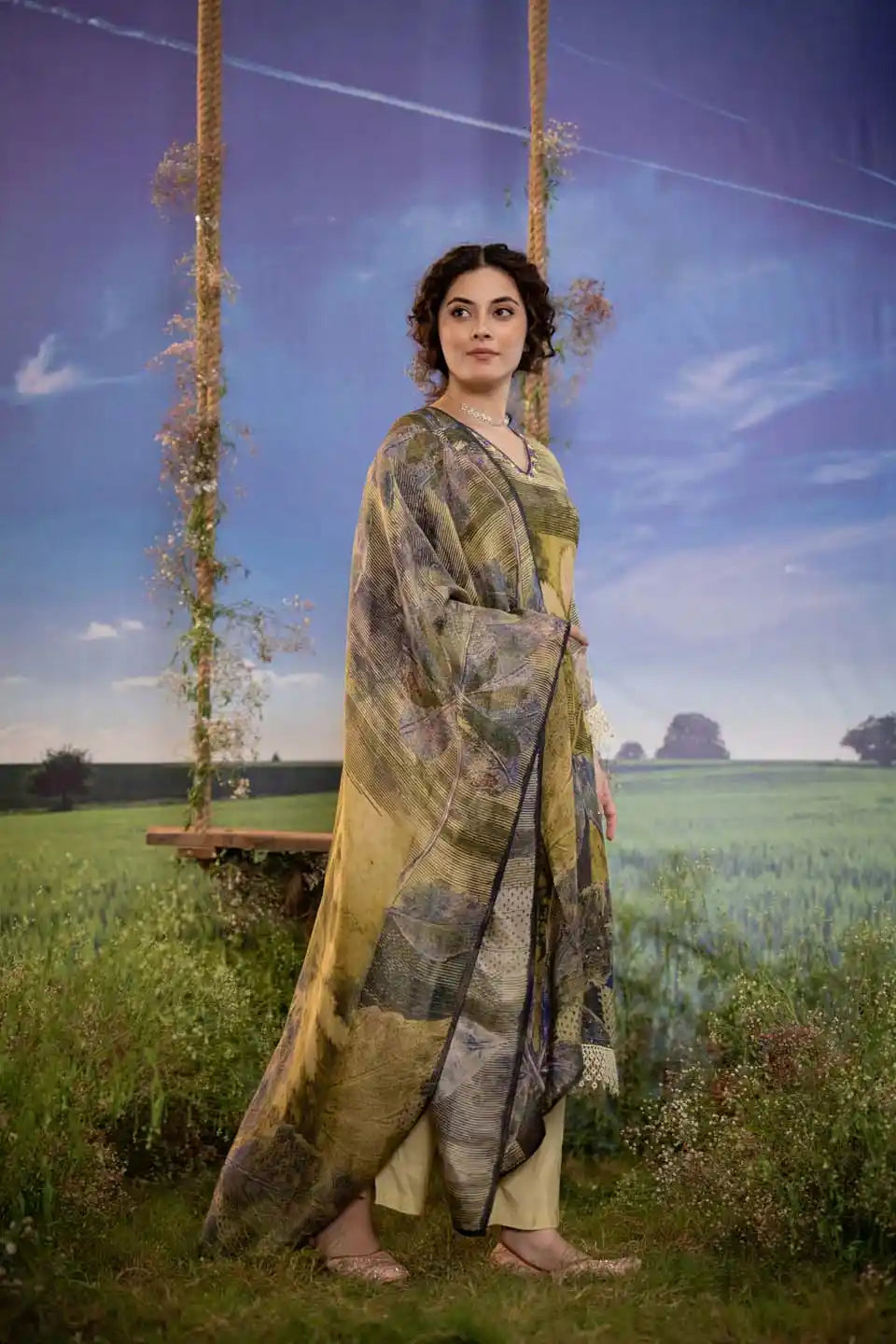 Olive Green Botanical Straight Cut Salwar Kameez with Lace Detailing