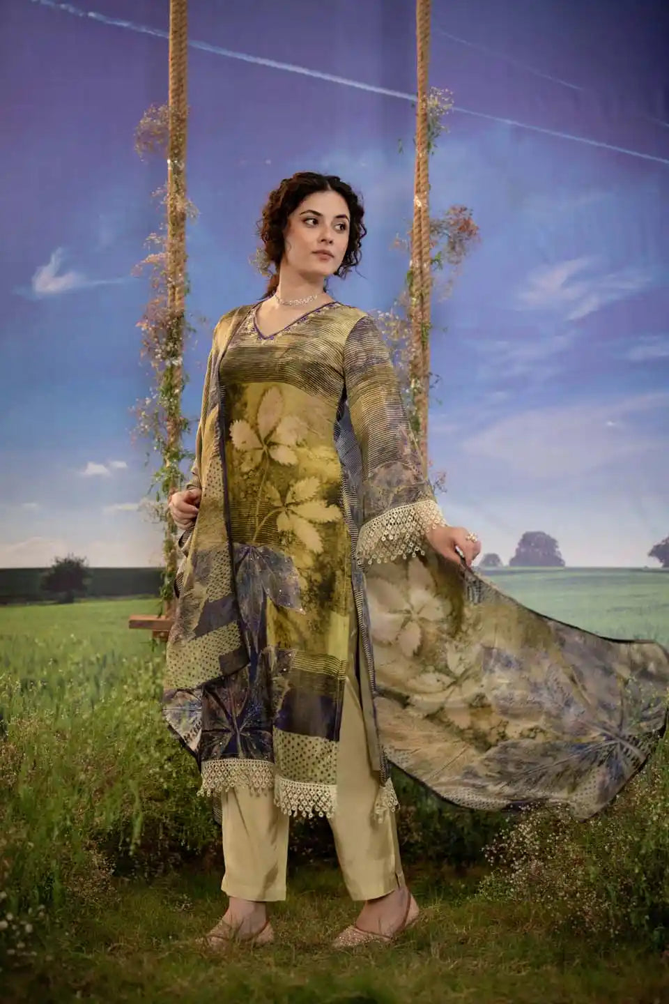 Olive Green Botanical Straight Cut Salwar Kameez with Lace Detailing