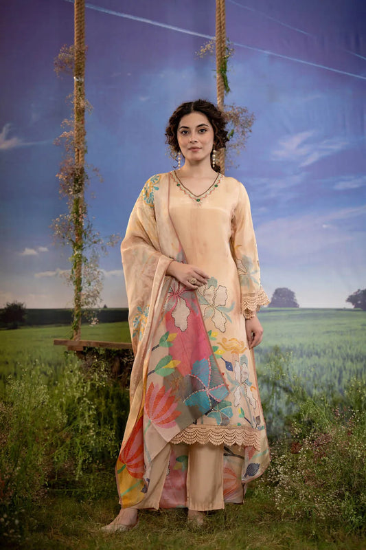 ELEGANT FLORAL EMBROIDERED KURTA SET WITH DUPATTA - FESTIVE WEAR