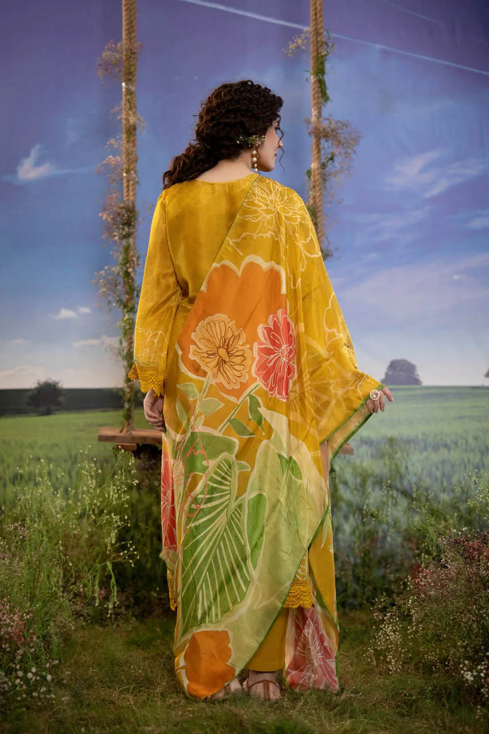 MUSTARD YELLOW SILK BLEND EMBELLISHED KURTA WITH FLORAL DUPATTA AND STRAIGHT PANTS - FESTIVE WEAR