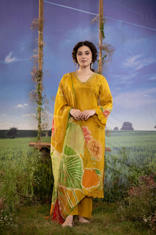 MUSTARD YELLOW SILK BLEND EMBELLISHED KURTA WITH FLORAL DUPATTA AND STRAIGHT PANTS - FESTIVE WEAR