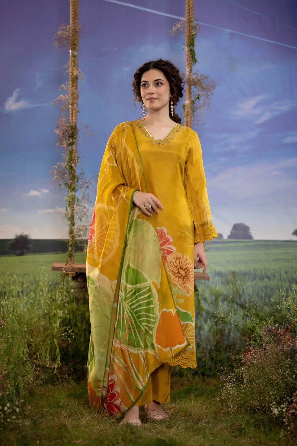 MUSTARD YELLOW SILK BLEND EMBELLISHED KURTA WITH FLORAL DUPATTA AND STRAIGHT PANTS - FESTIVE WEAR