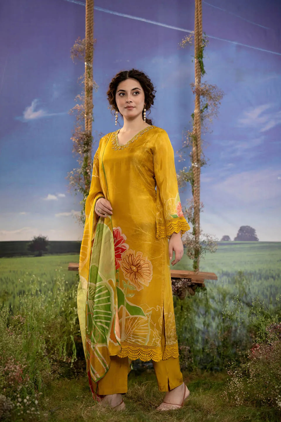 MUSTARD YELLOW SILK BLEND EMBELLISHED KURTA WITH FLORAL DUPATTA AND STRAIGHT PANTS - FESTIVE WEAR