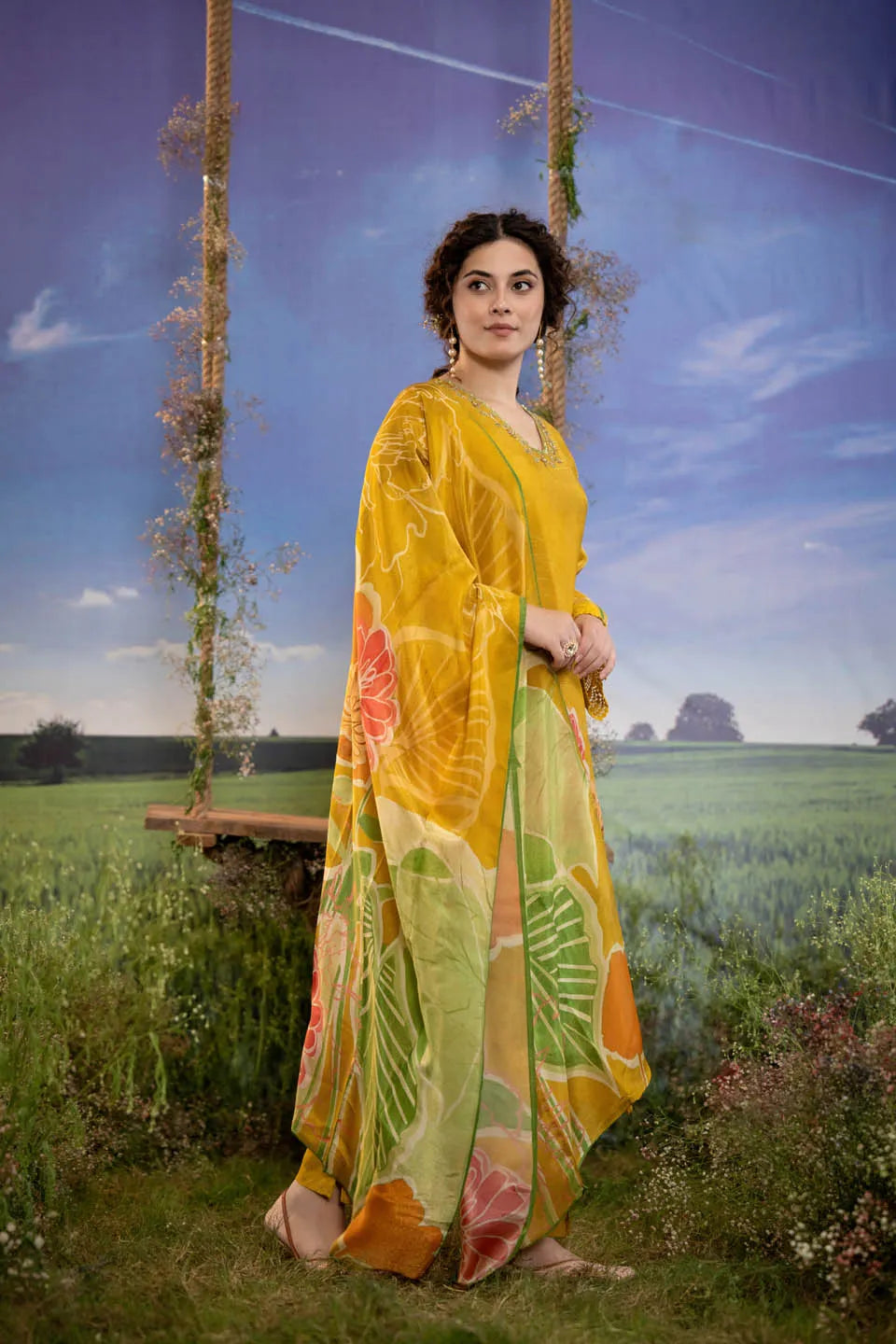 MUSTARD YELLOW SILK BLEND EMBELLISHED KURTA WITH FLORAL DUPATTA AND STRAIGHT PANTS - FESTIVE WEAR