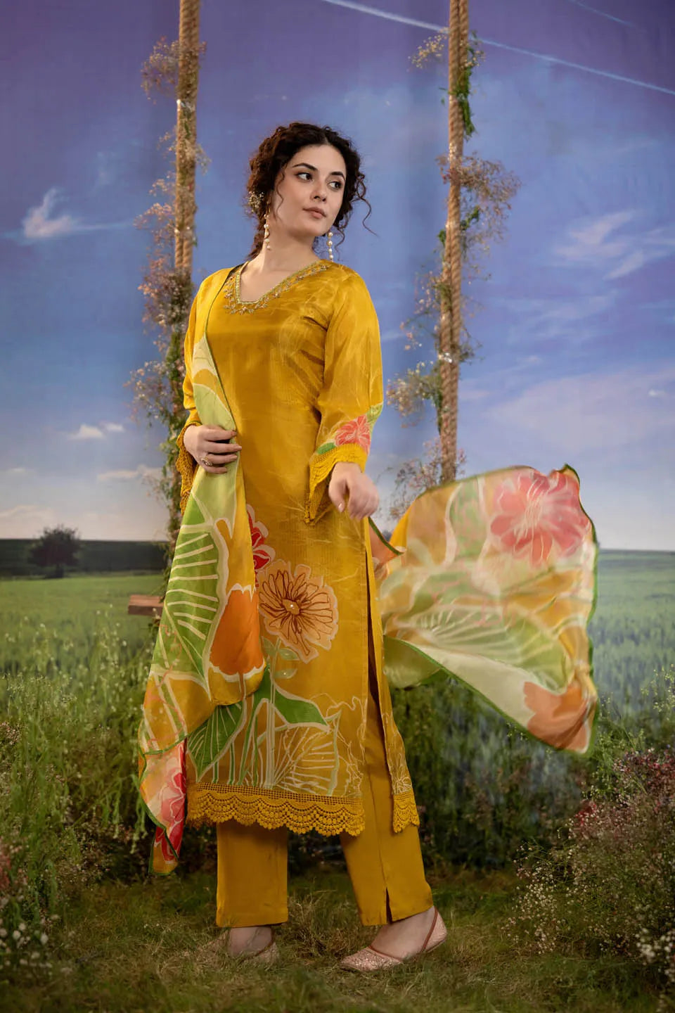 MUSTARD YELLOW SILK BLEND EMBELLISHED KURTA WITH FLORAL DUPATTA AND STRAIGHT PANTS - FESTIVE WEAR