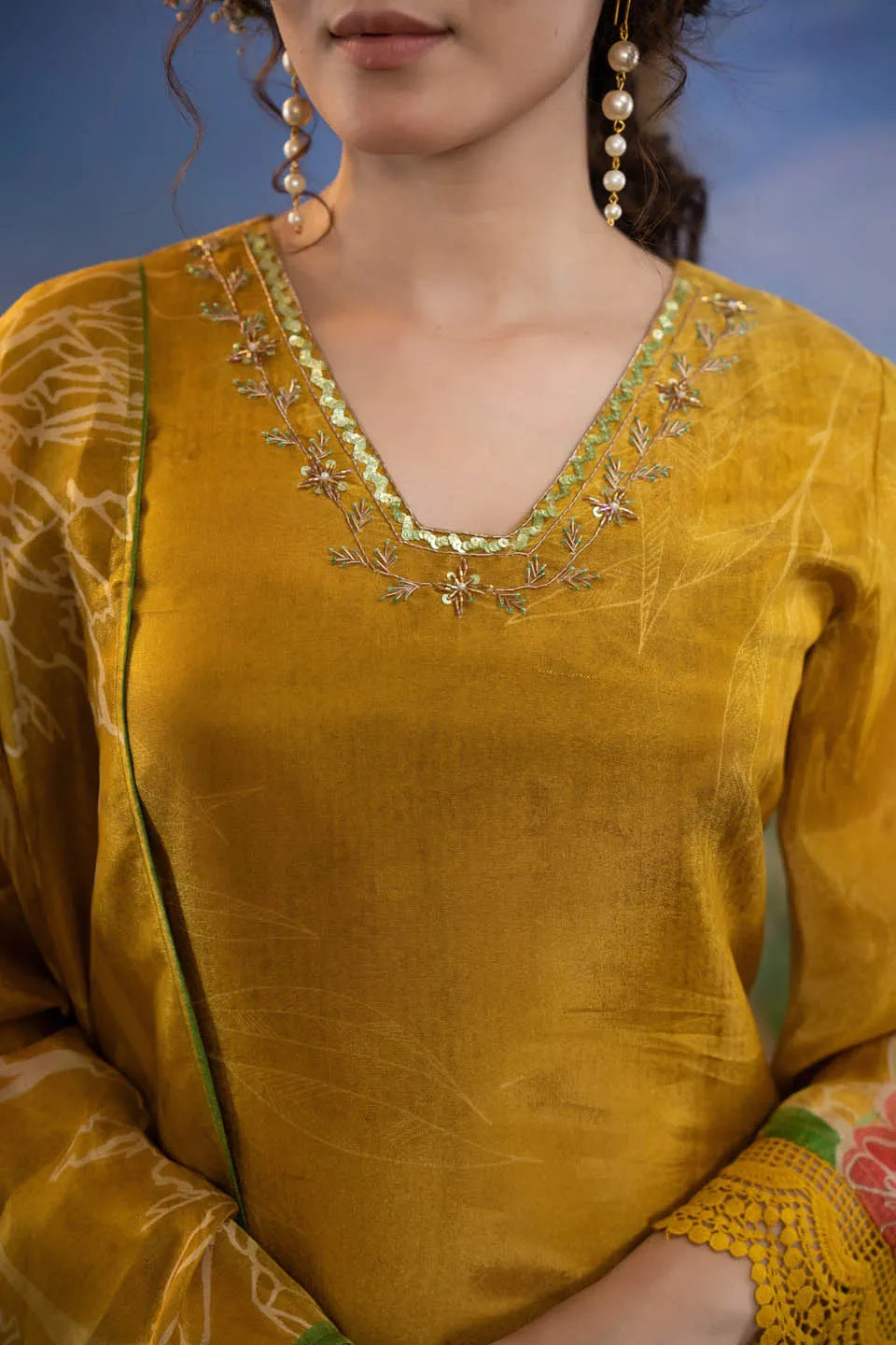 MUSTARD YELLOW SILK BLEND EMBELLISHED KURTA WITH FLORAL DUPATTA AND STRAIGHT PANTS - FESTIVE WEAR