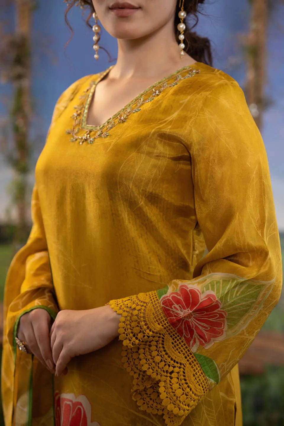 MUSTARD YELLOW SILK BLEND EMBELLISHED KURTA WITH FLORAL DUPATTA AND STRAIGHT PANTS - FESTIVE WEAR