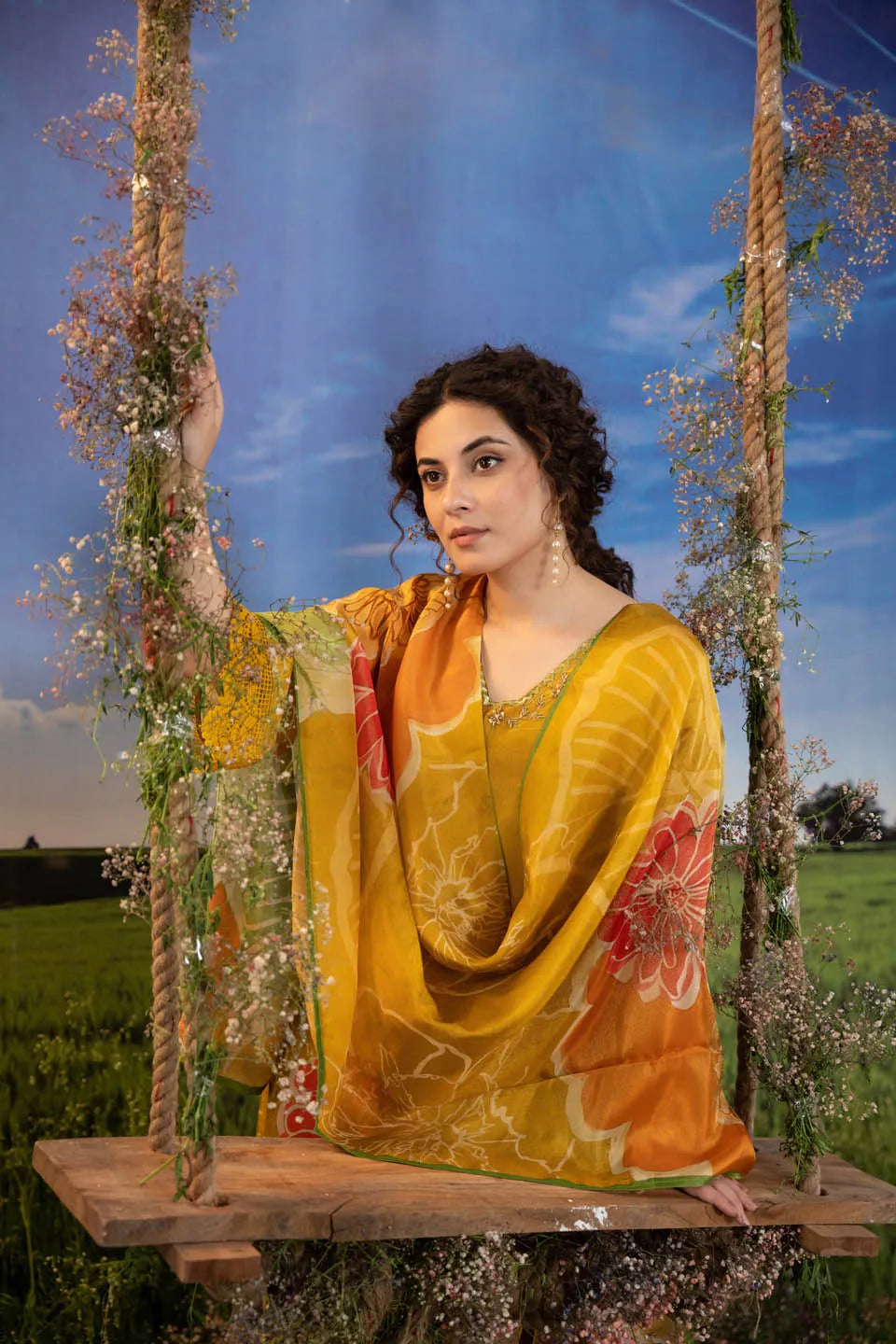 MUSTARD YELLOW SILK BLEND EMBELLISHED KURTA WITH FLORAL DUPATTA AND STRAIGHT PANTS - FESTIVE WEAR