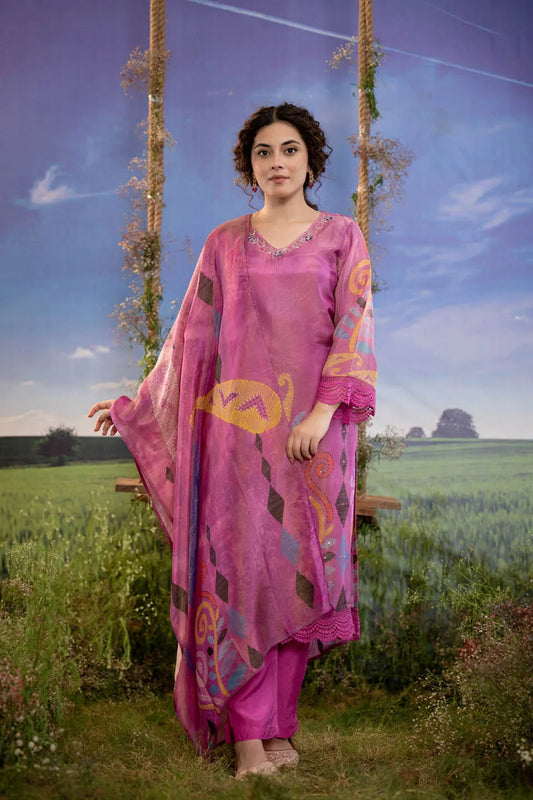 elegant floral printed kurta set with dupatta festive wear