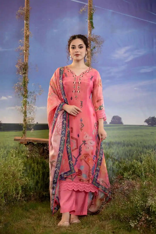 Pink Floral Print Shimmer Tissue Kurta Set with Dupatta