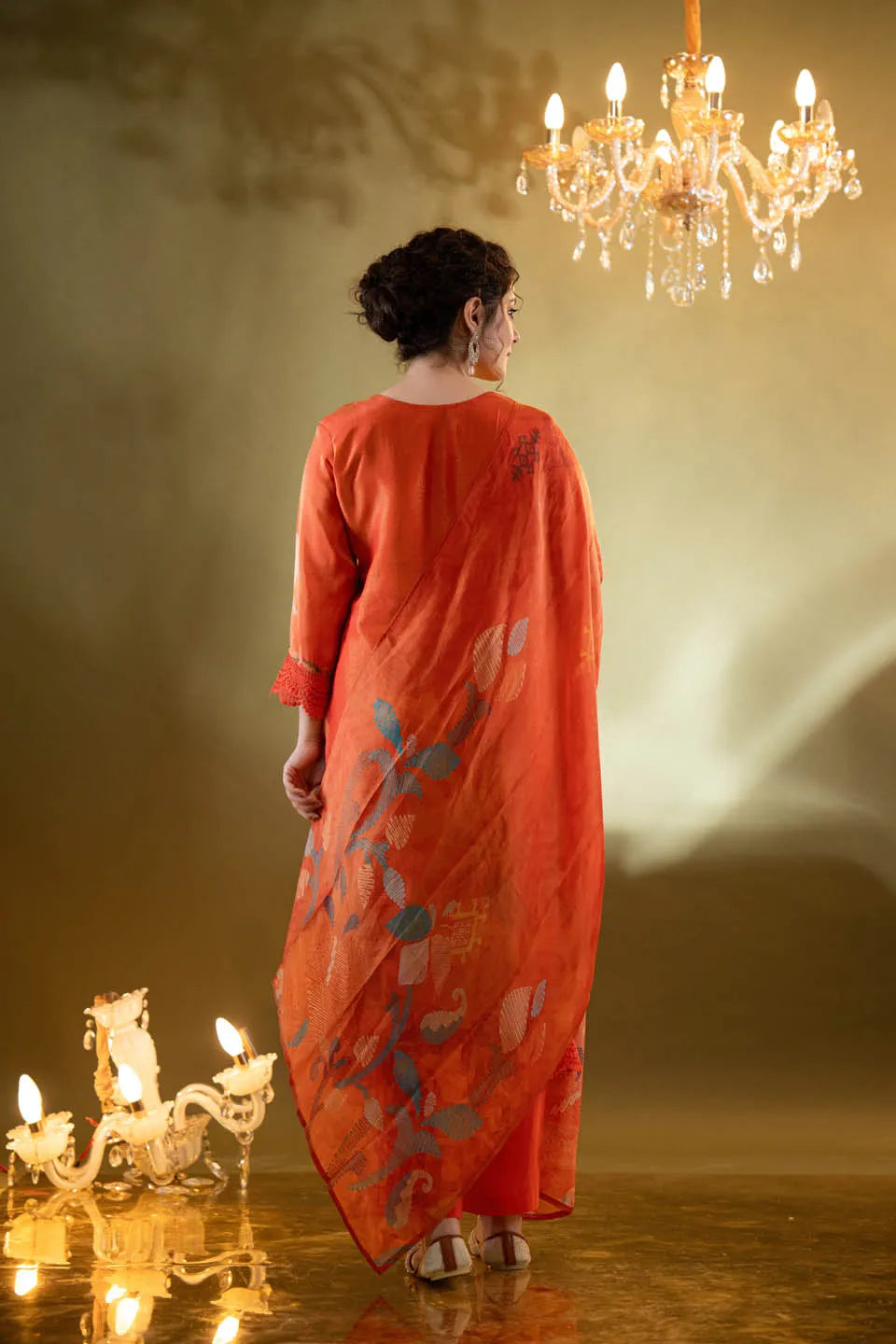 Festive Orange Embellished Kurta Set with Floral Dupatta & Straight Pants