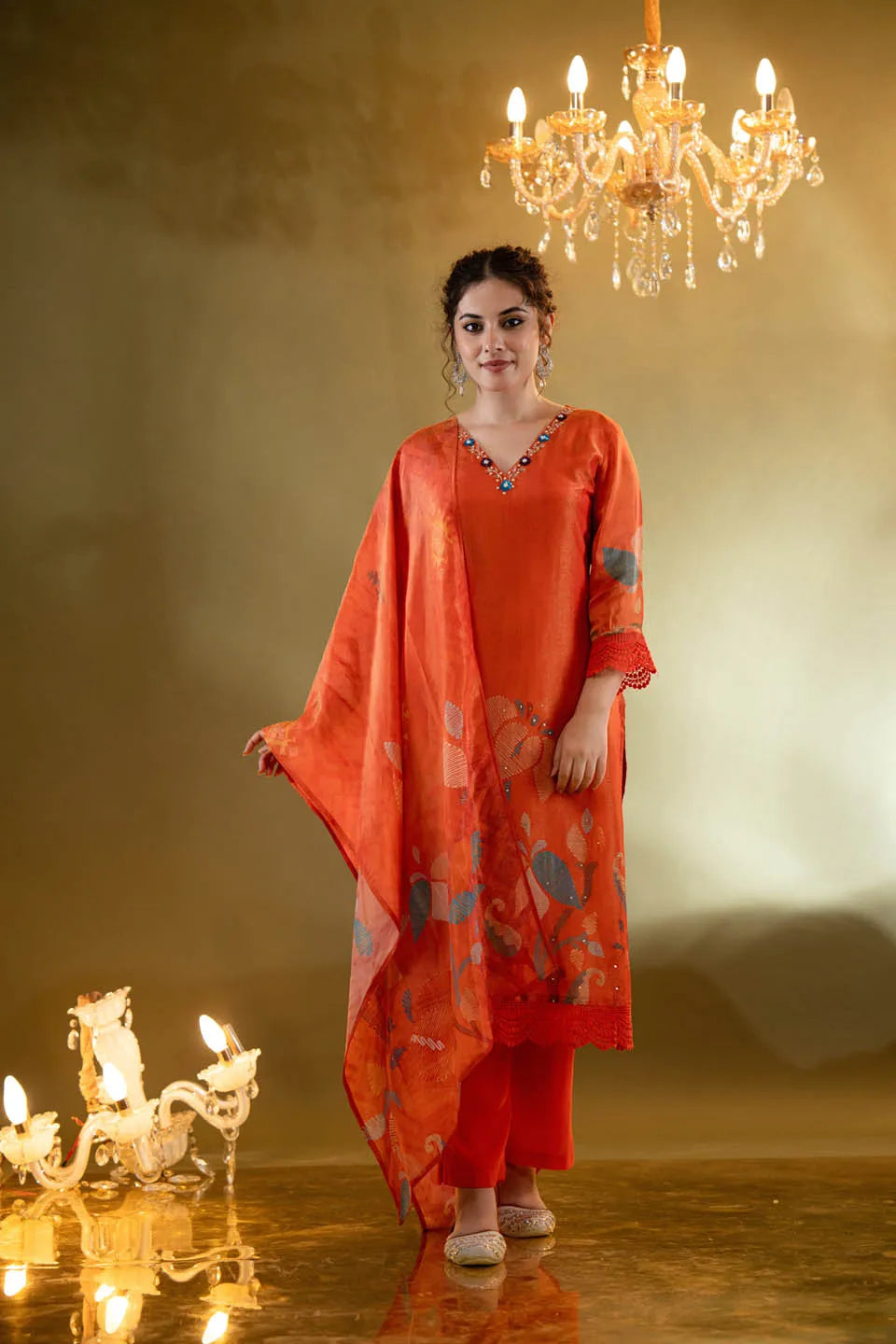 Festive Orange Embellished Kurta Set with Floral Dupatta & Straight Pants