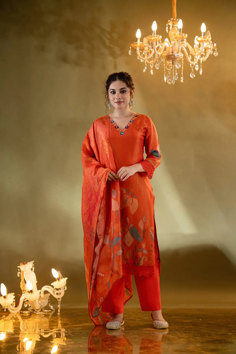 Festive Orange Embellished Kurta Set with Floral Dupatta & Straight Pants