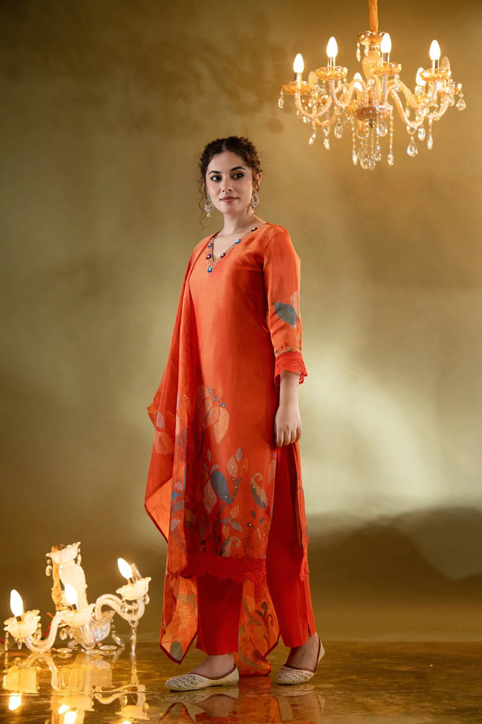 Festive Orange Embellished Kurta Set with Floral Dupatta & Straight Pants