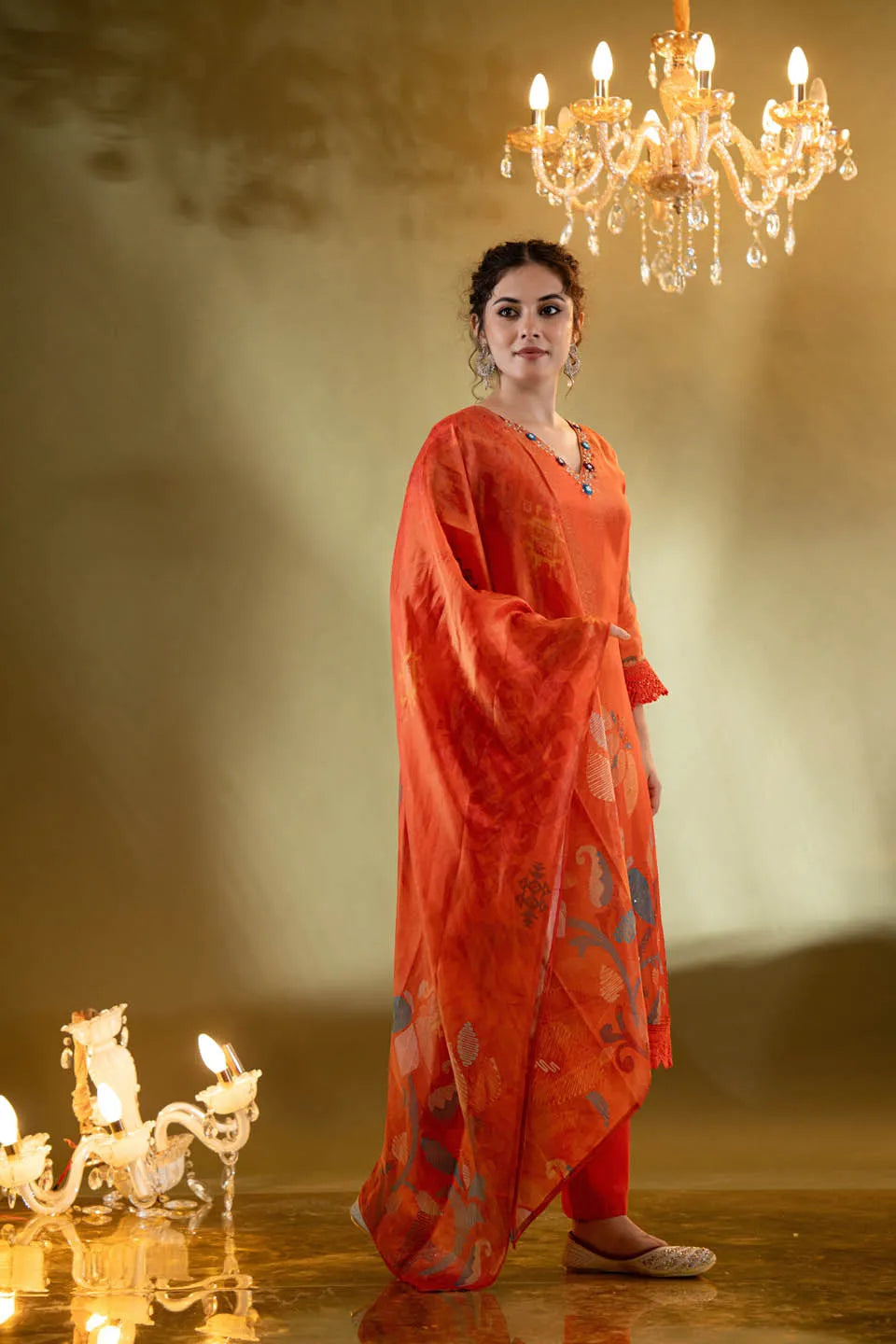 Festive Orange Embellished Kurta Set with Floral Dupatta & Straight Pants