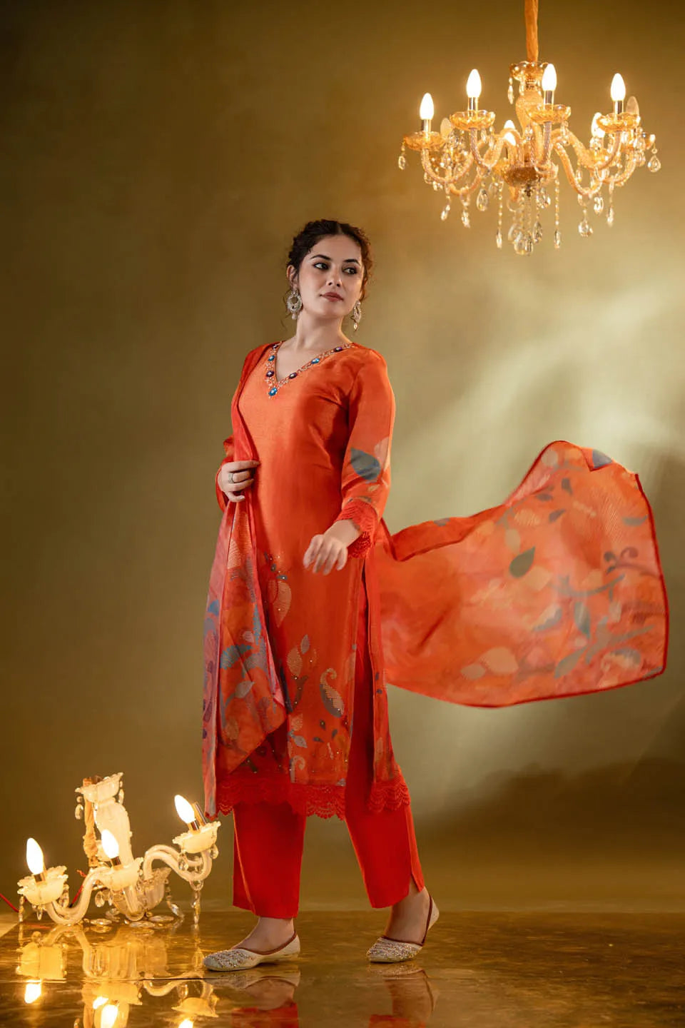 Festive Orange Embellished Kurta Set with Floral Dupatta & Straight Pants