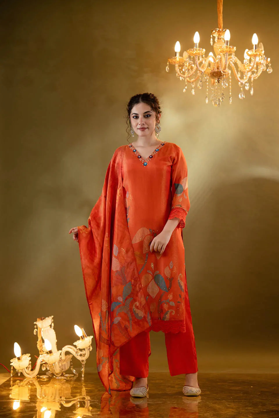 Festive Orange Embellished Kurta Set with Floral Dupatta & Straight Pants