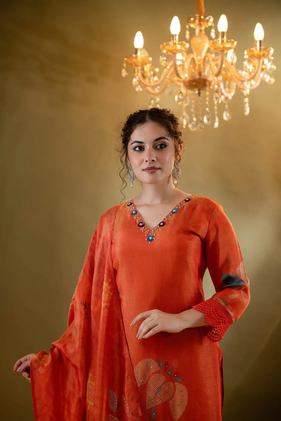 Festive Orange Embellished Kurta Set with Floral Dupatta & Straight Pants