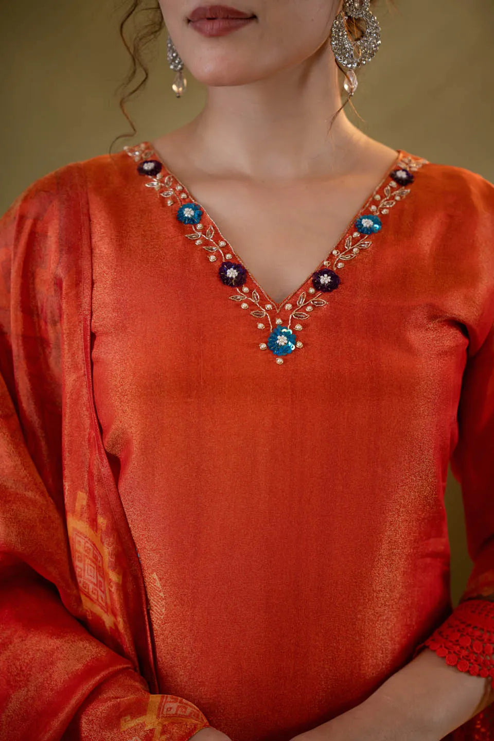 Festive Orange Embellished Kurta Set with Floral Dupatta & Straight Pants