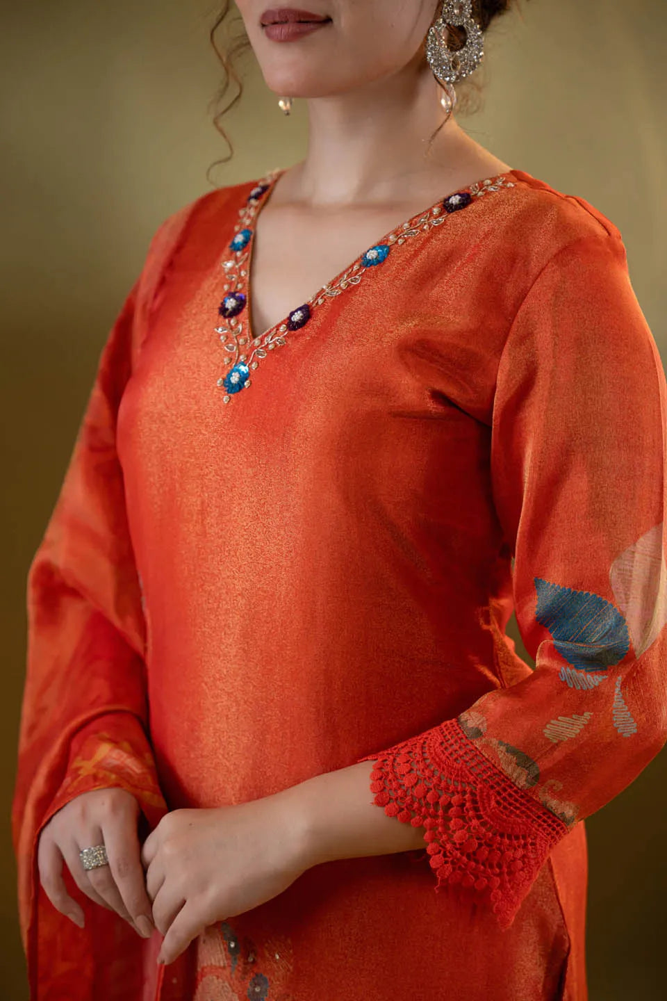 Festive Orange Embellished Kurta Set with Floral Dupatta & Straight Pants