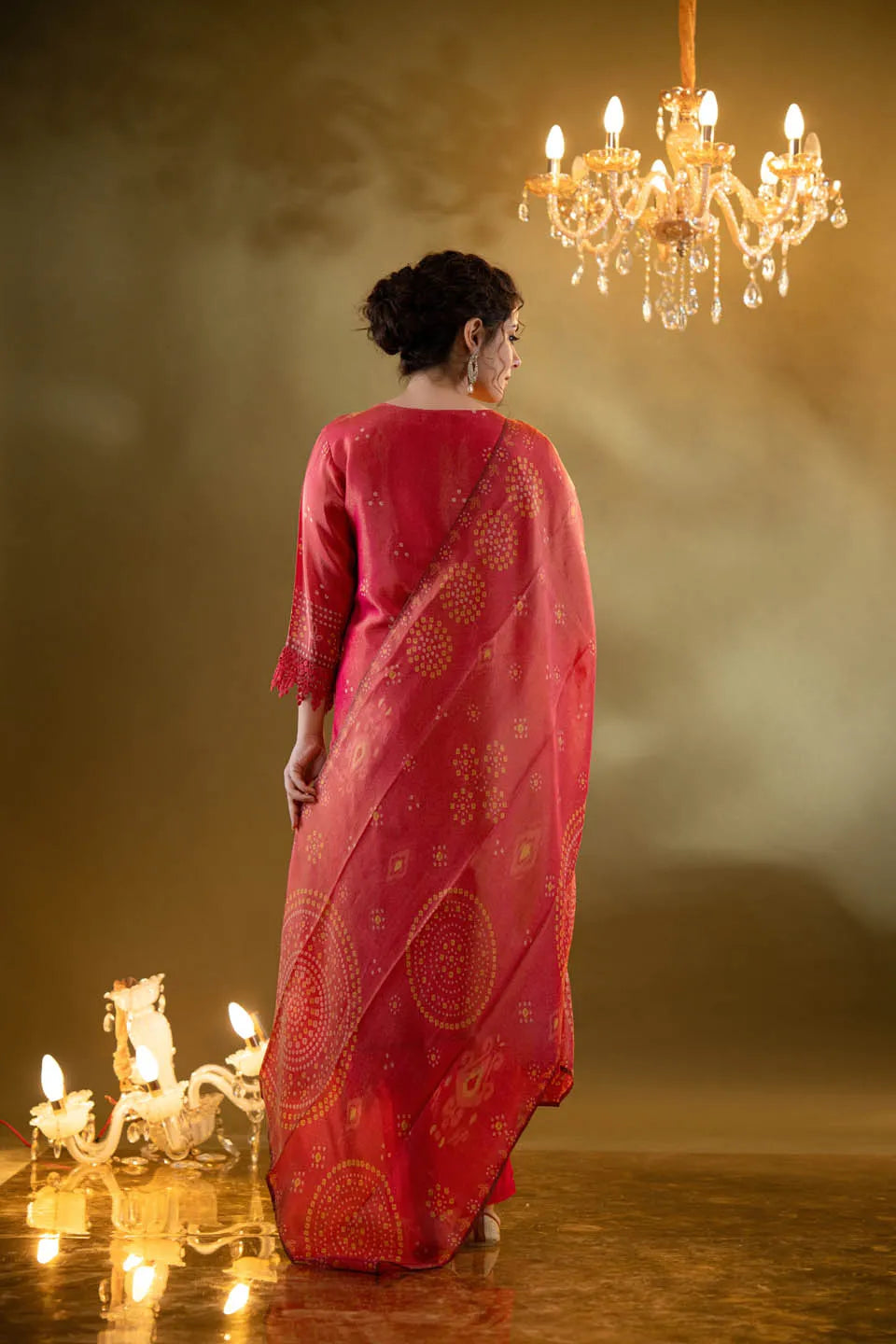 CORAL PINK SHIMMER TISSUE KURTA SET WITH ETHNIC MOTIFS AND STRAIGHT PANTS