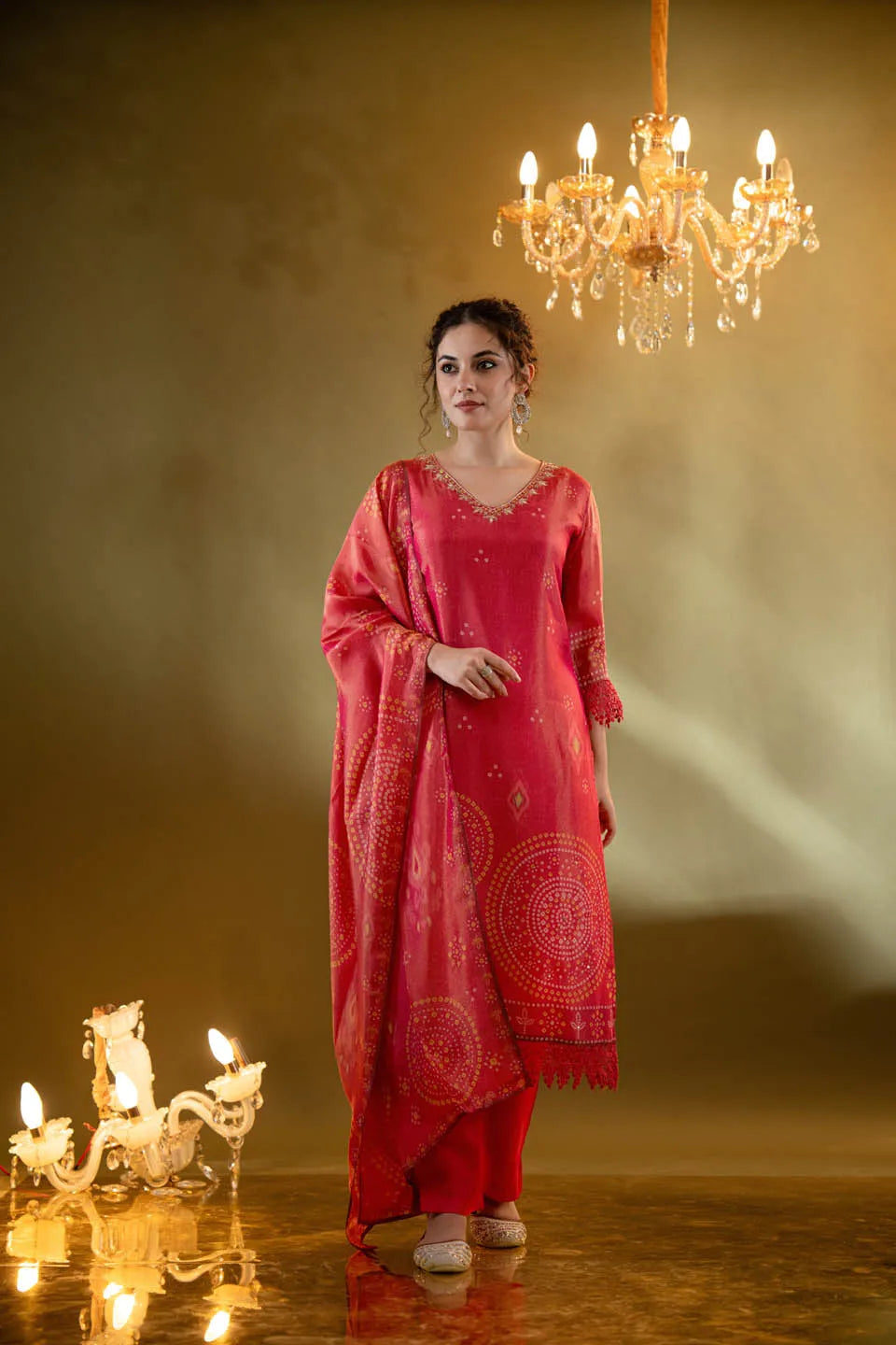 CORAL PINK SHIMMER TISSUE KURTA SET WITH ETHNIC MOTIFS AND STRAIGHT PANTS