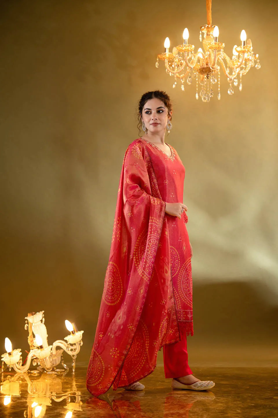 CORAL PINK SHIMMER TISSUE KURTA SET WITH ETHNIC MOTIFS AND STRAIGHT PANTS