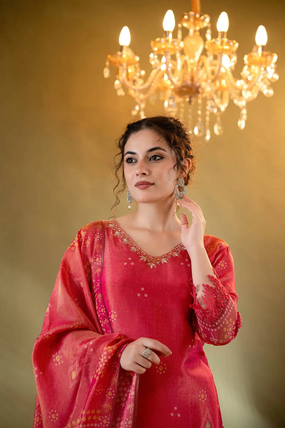 CORAL PINK SHIMMER TISSUE KURTA SET WITH ETHNIC MOTIFS AND STRAIGHT PANTS