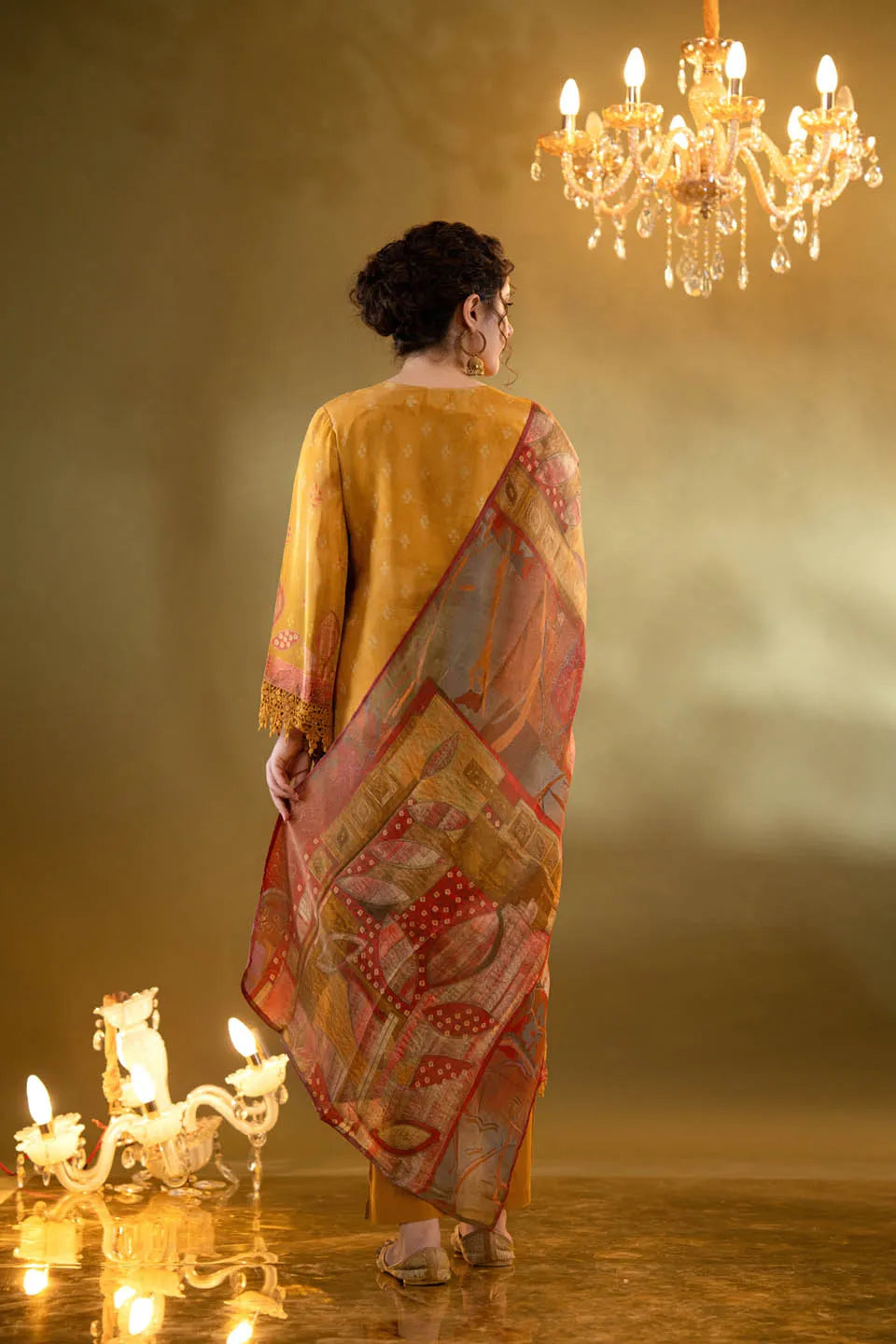 mustard green shimmer tissue straight kurta with embellished v neck and baandhani dupatta