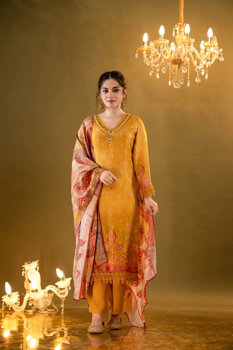 mustard green shimmer tissue straight kurta with embellished v neck and baandhani dupatta