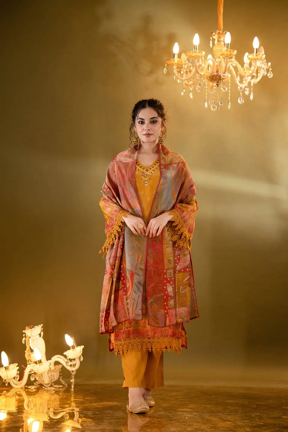 mustard green shimmer tissue straight kurta with embellished v neck and baandhani dupatta