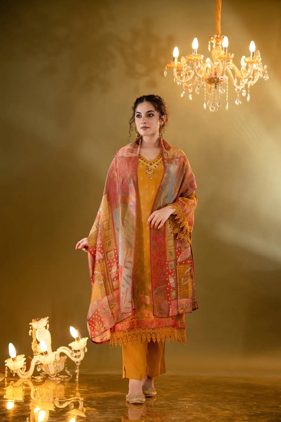 mustard green shimmer tissue straight kurta with embellished v neck and baandhani dupatta