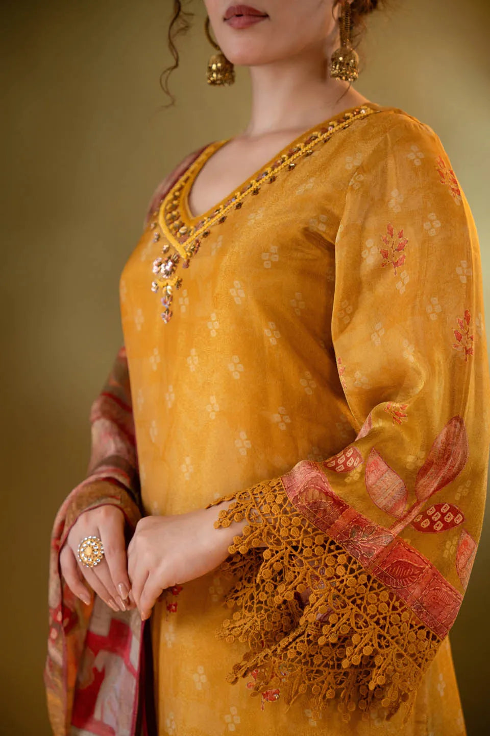 mustard green shimmer tissue straight kurta with embellished v neck and baandhani dupatta