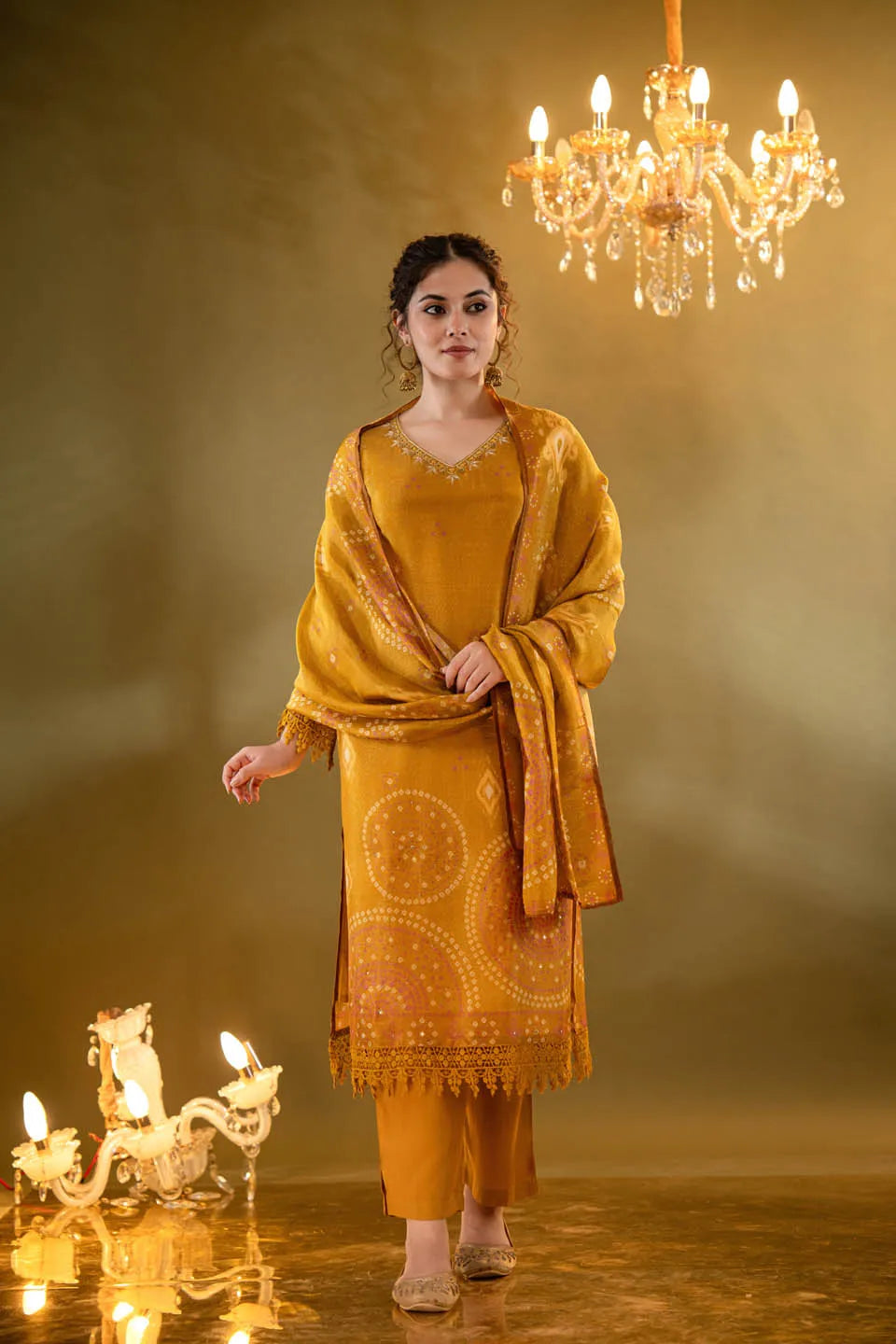 MUSTARD YELLOW SHIMMER TISSUE KURTA SET WITH ETHNIC MOTIFS AND STRAIGHT PANTS