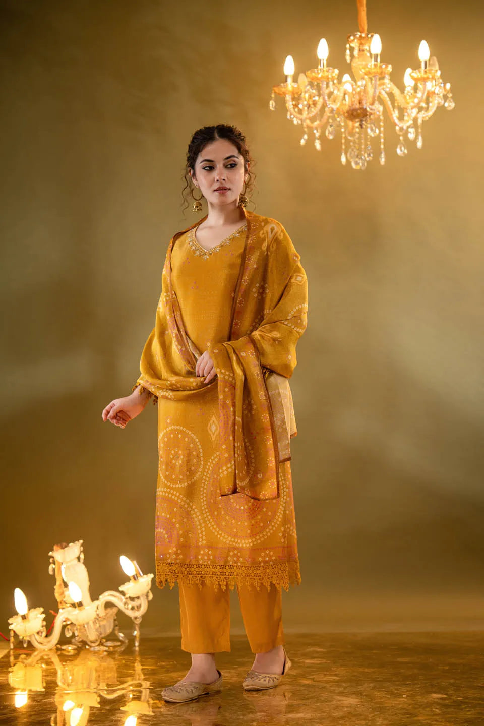 MUSTARD YELLOW SHIMMER TISSUE KURTA SET WITH ETHNIC MOTIFS AND STRAIGHT PANTS