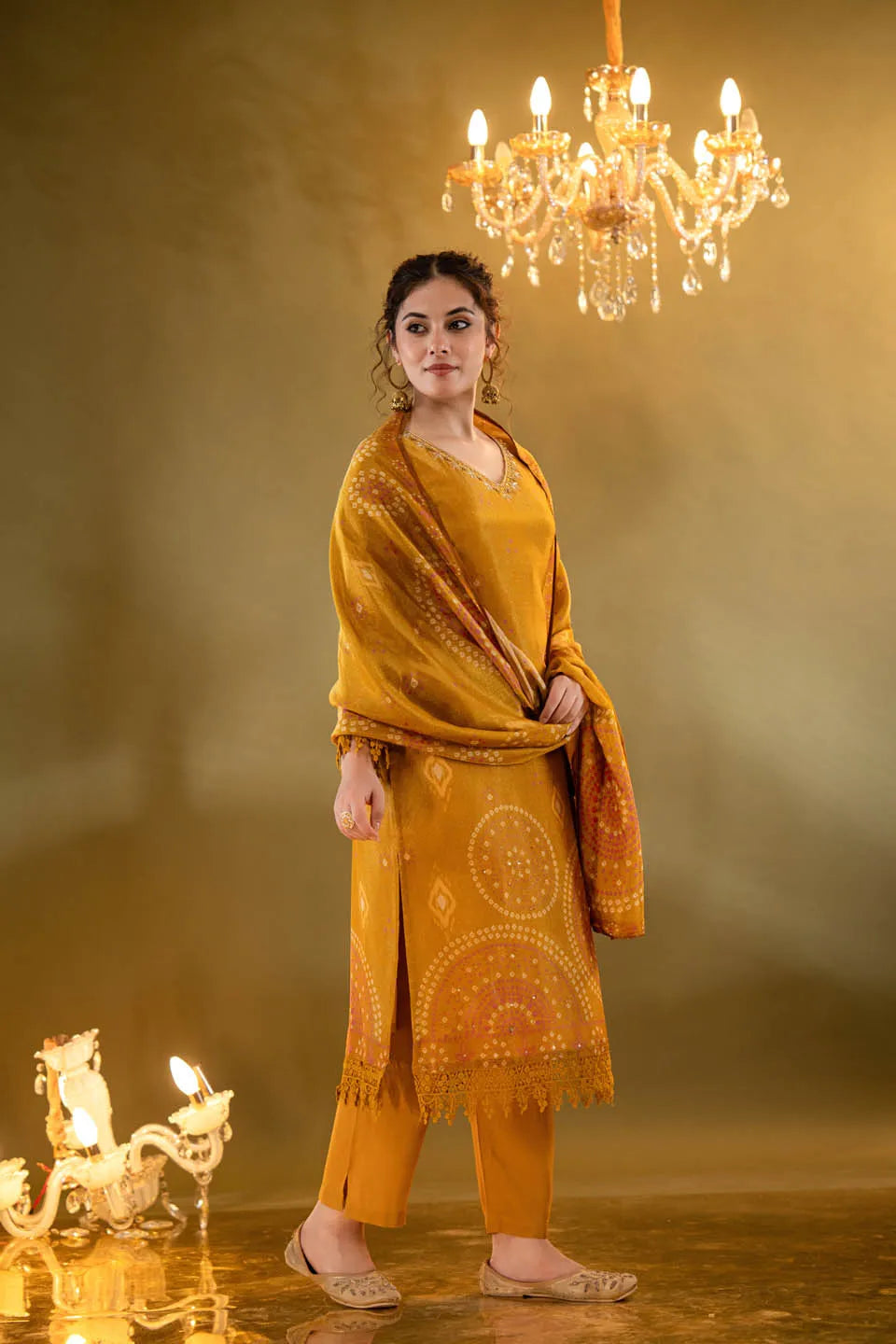 MUSTARD YELLOW SHIMMER TISSUE KURTA SET WITH ETHNIC MOTIFS AND STRAIGHT PANTS