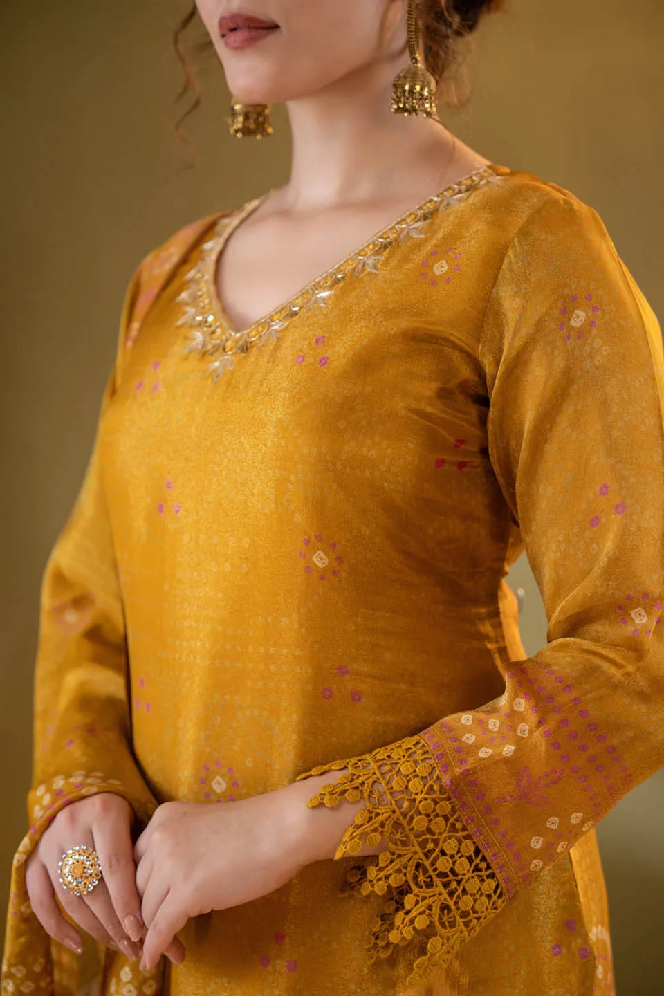 MUSTARD YELLOW SHIMMER TISSUE KURTA SET WITH ETHNIC MOTIFS AND STRAIGHT PANTS