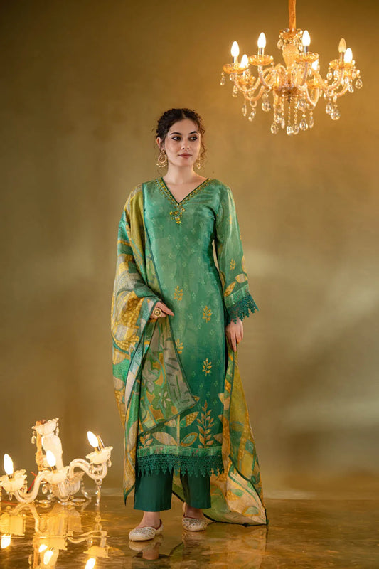 GREEN SHIMMER TISSUE STRAIGHT KURTA WITH EMBELLISHED V-NECK AND BAANDHANI DUPATTA