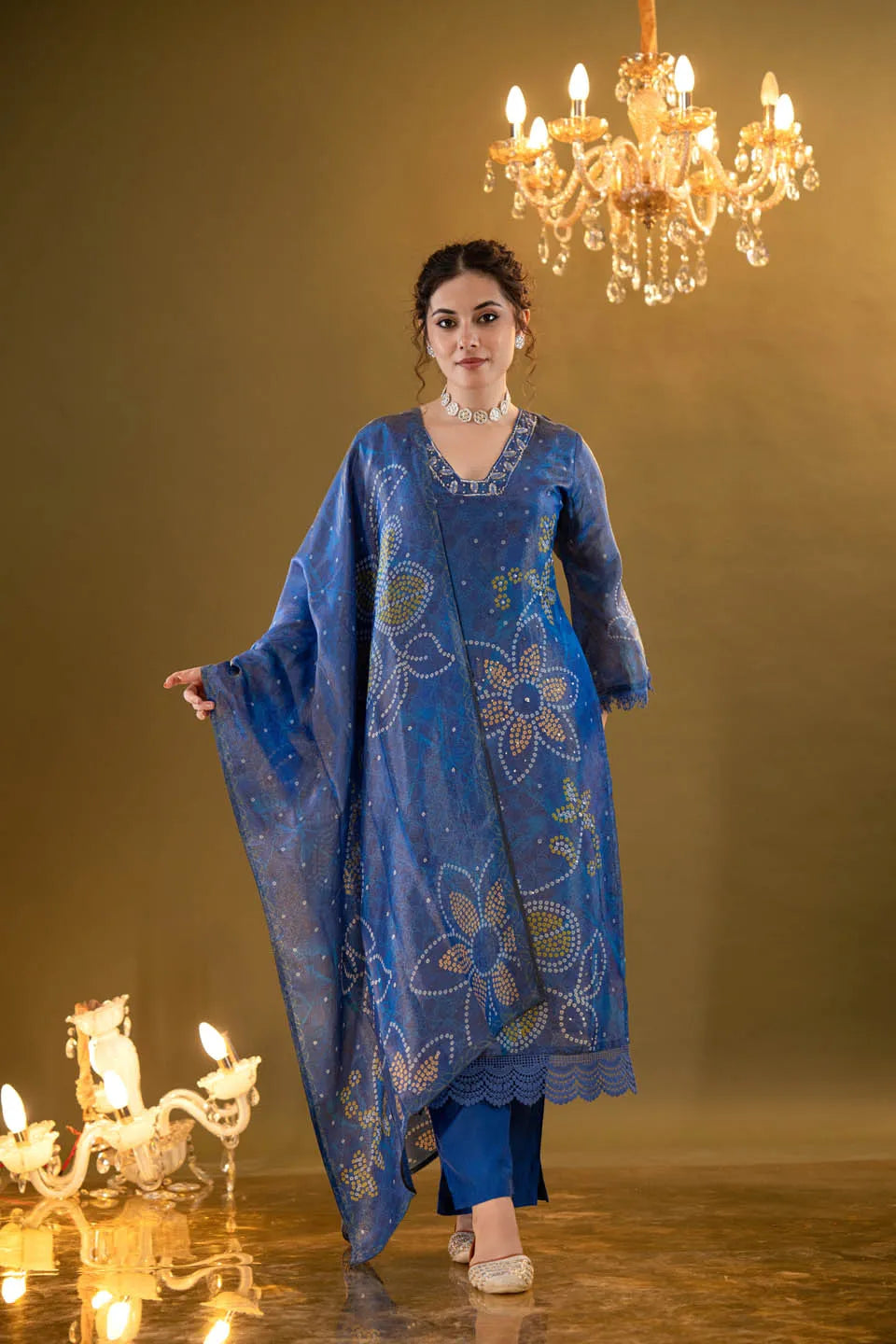 REGAL BLUE FLORAL EMBELLISHED KURTA SET WITH DUPATTA FOR FESTIVE OCCASIONS